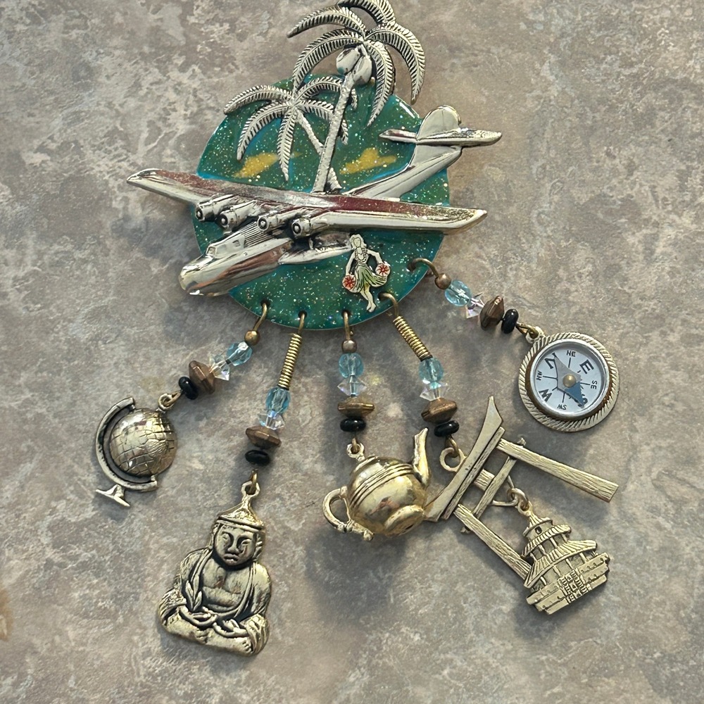 Vintage Moulin Rouge Travel Charm Brooch Airplane Globe Compass Pagoda Pin
